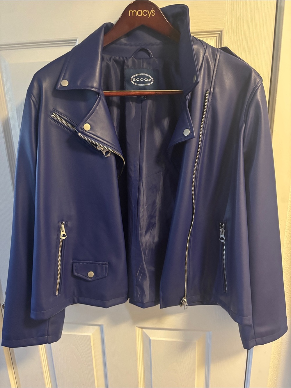 Scoop Woman Navy Faux Leather Moto Jacket with Silver Hardware